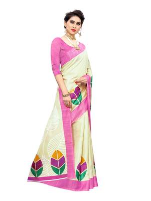 Pink printed khadi saree with blouse 3