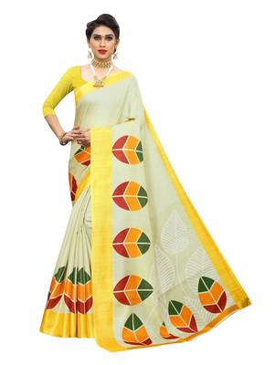 Yellow printed khadi saree with blouse 1
