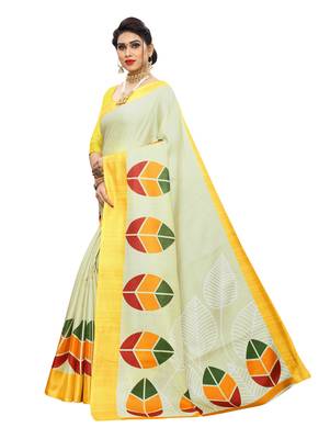 Yellow printed khadi saree with blouse 2