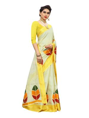 Yellow printed khadi saree with blouse 3