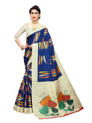 Blue printed khadi saree with blouse 1