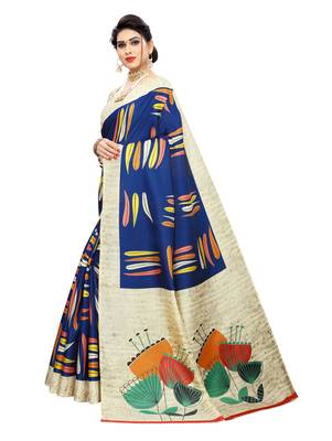 Blue printed khadi saree with blouse 2