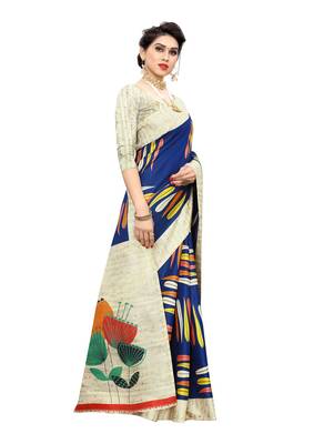 Blue printed khadi saree with blouse 3