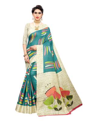 Green printed khadi saree with blouse 1