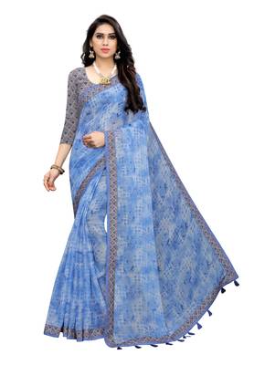 Blue printed linen saree with blouse 1