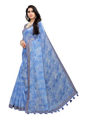 Blue printed linen saree with blouse 2