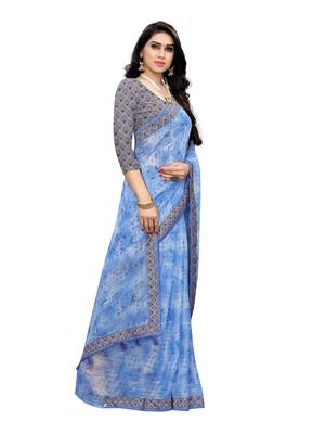 Blue printed linen saree with blouse 3
