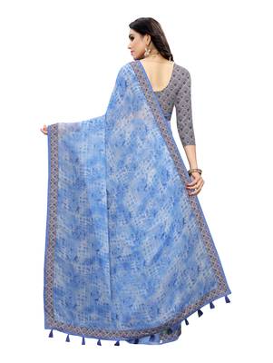 Blue printed linen saree with blouse 4