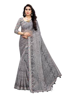 Grey printed linen saree with blouse 1