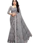 Grey printed linen saree with blouse