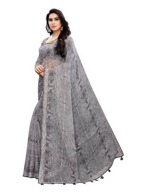 Grey printed linen saree with blouse 2