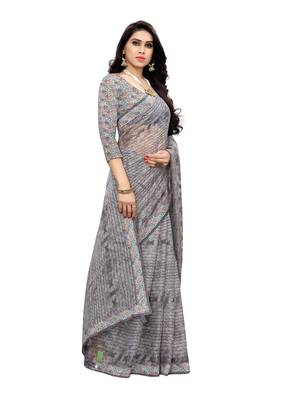Grey printed linen saree with blouse 3