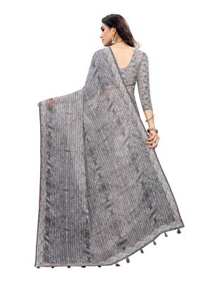 Grey printed linen saree with blouse 4