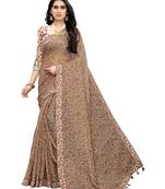 Brown printed linen saree with blouse