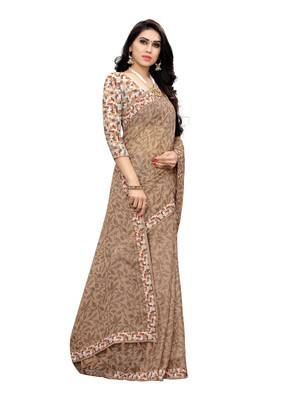 Brown printed linen saree with blouse 3