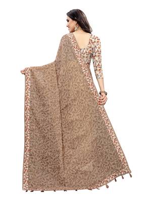 Brown printed linen saree with blouse 4