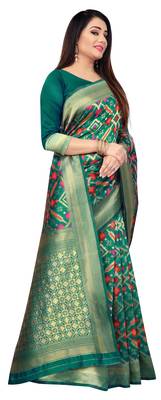 Green hand woven silk blend saree with blouse 5