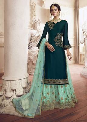 Dark-turquoise embroidered silk salwar 1