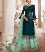 Dark-turquoise embroidered silk salwar