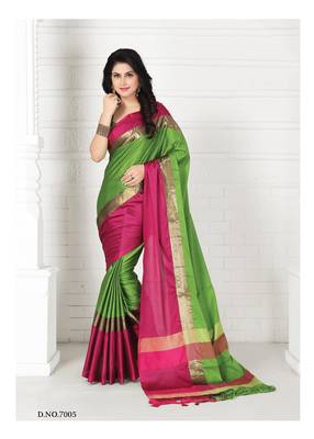 Green hand woven cotton silk saree with blouse 1
