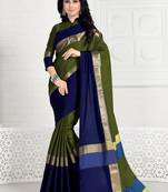 Dark green hand woven cotton silk saree with blouse