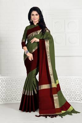 Mehendi hand woven cotton silk saree with blouse 1