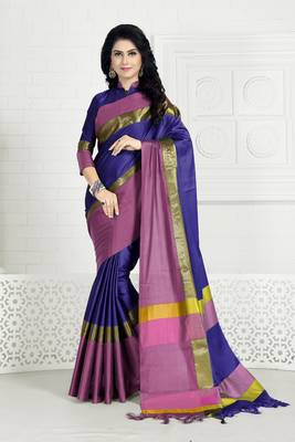 Blue hand woven cotton silk saree with blouse 1