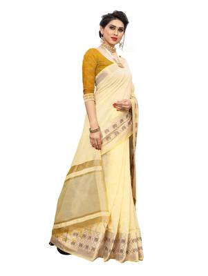 Light yellow woven chanderi saree with blouse 3