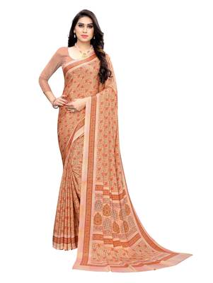 Orange printed crepe saree with blouse 1