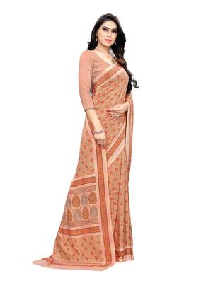 Orange printed crepe saree with blouse 3