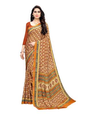 Orange printed crepe saree with blouse 1