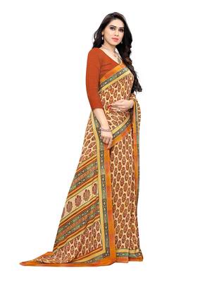 Orange printed crepe saree with blouse 3