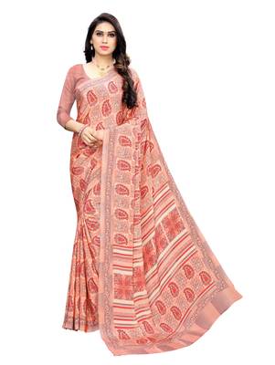 Peach printed crepe saree with blouse 1