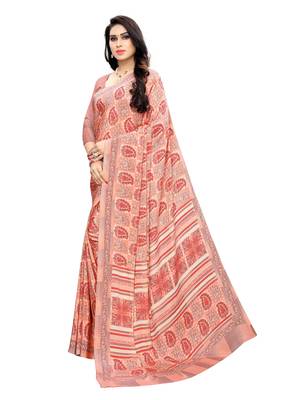 Peach printed crepe saree with blouse 2