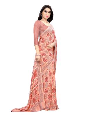Peach printed crepe saree with blouse 4