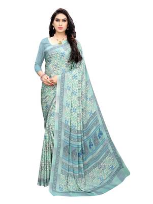 Light blue printed crepe saree with blouse 1
