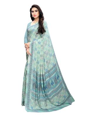 Light blue printed crepe saree with blouse 2