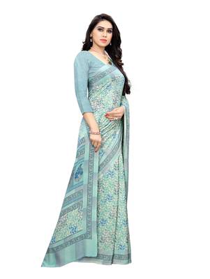 Light blue printed crepe saree with blouse 3