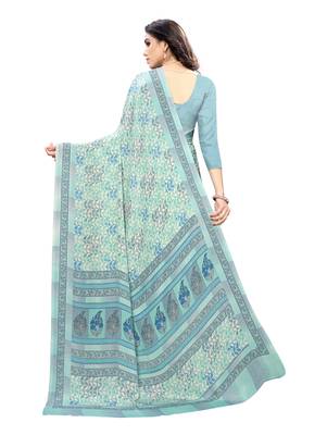 Light blue printed crepe saree with blouse 4