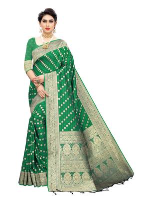 Green woven banarasi silk saree with blouse 1