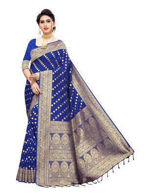 Dark blue woven banarasi silk saree with blouse 1