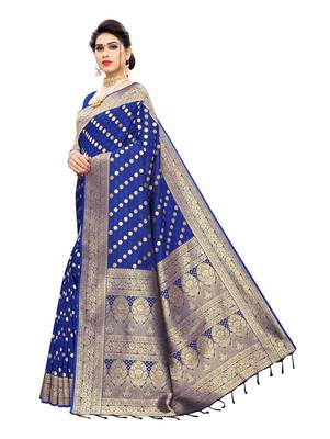 Dark blue woven banarasi silk saree with blouse 2