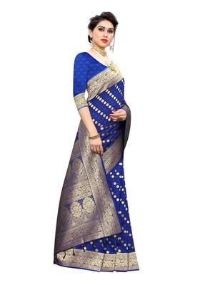Dark blue woven banarasi silk saree with blouse 3