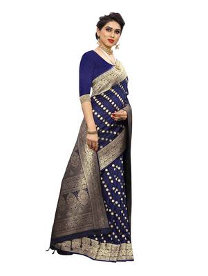 Blue woven banarasi silk saree with blouse 3