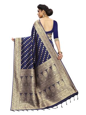 Blue woven banarasi silk saree with blouse 4