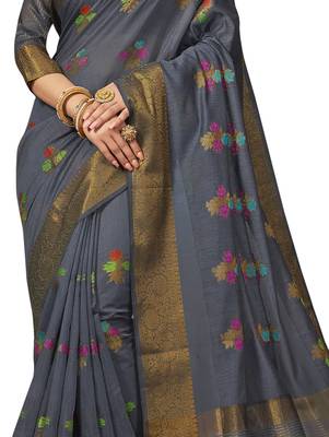 Grey woven cotton silk saree with blouse 4