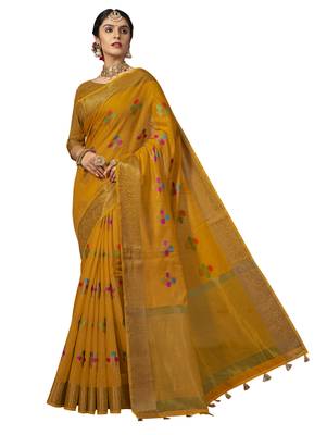 Mustard woven cotton silk saree with blouse 1