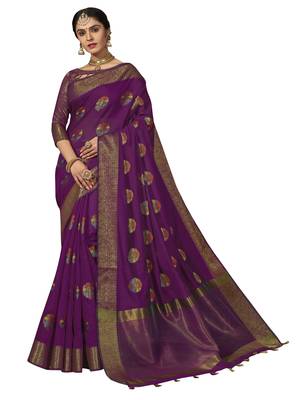 Purple woven cotton silk saree with blouse 1