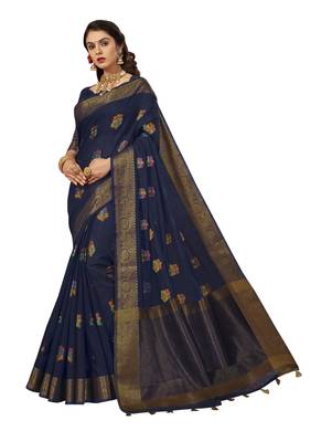 Navy blue woven cotton silk saree with blouse 1