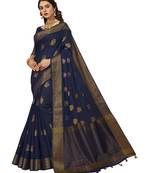 Navy blue woven cotton silk saree with blouse